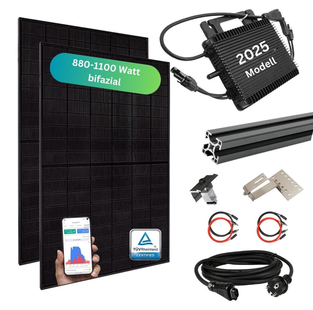 MYVOLTAICS Balkonkraftwerk MyPfannendach 880+ Watt mit Unterkonstruktion für Schrägdach, bifazial, Hoymiles Wechselrichter WLAN 800 Watt, Steckerfertig - 10m