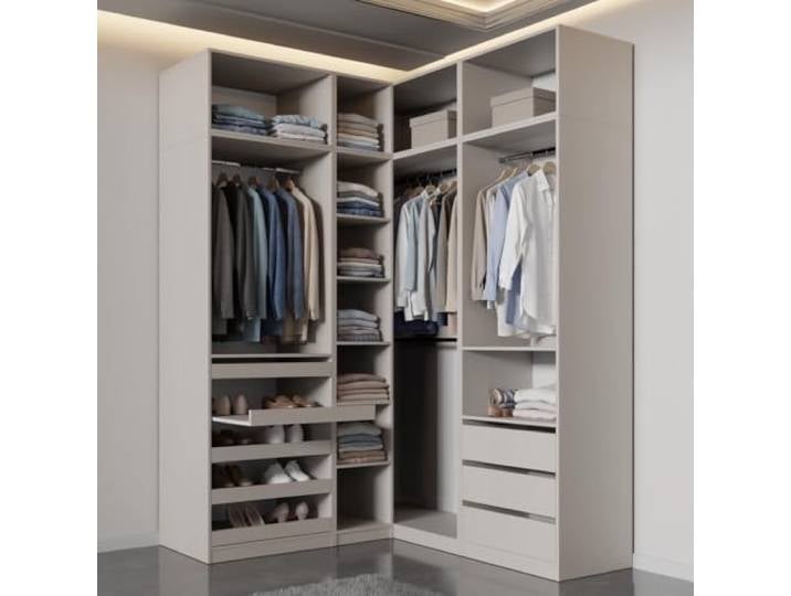 Kleiderschrank Set – Eckkleiderschrank mit Schubladen, Kleiderstangen und Regalfächern – begehbarer Eckschrank – 275x246x51cm - Marmex Möbel TRES Set 30NC Cashmere