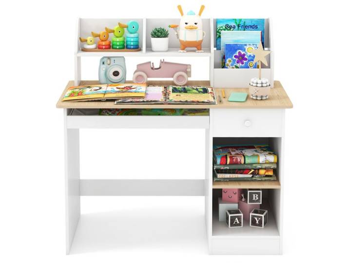 COSTWAY Bureau pour Enfant avec Niche Plateau pour Clavier Tiroir Étagères de Rangement Naturel