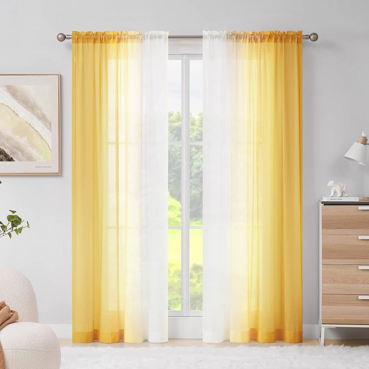Set van 2 Geel Ombre Chiffon Vitrage Gordijnen, Transparant, 142 x 228 cm