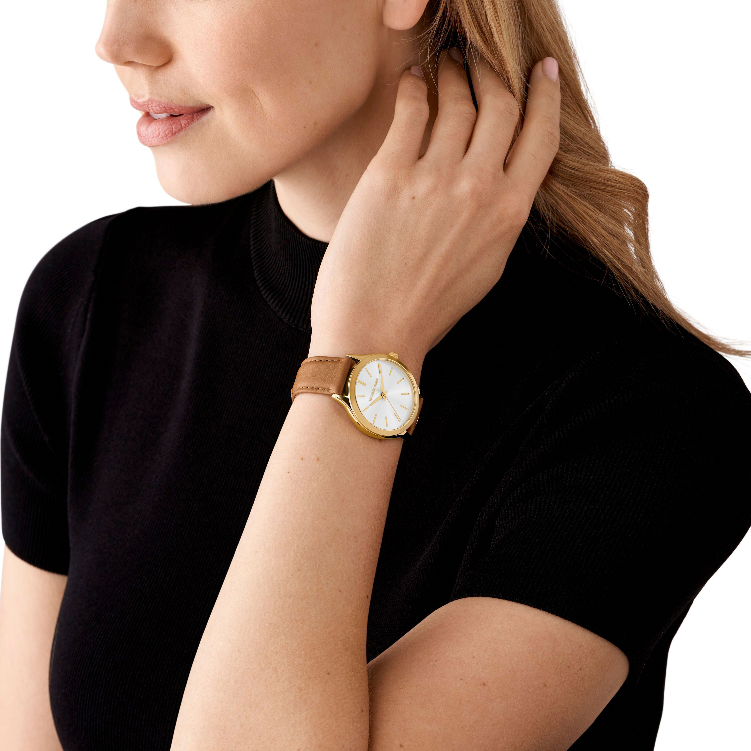 Quarzuhr MICHAEL KORS "SLIM RUNWAY", braun (cognacfarben, weiß), Armbanduhren, Damen, gelbgoldfarben, Quarzuhr, Armbanduhr, Damenuhr, Lederarmband, analog