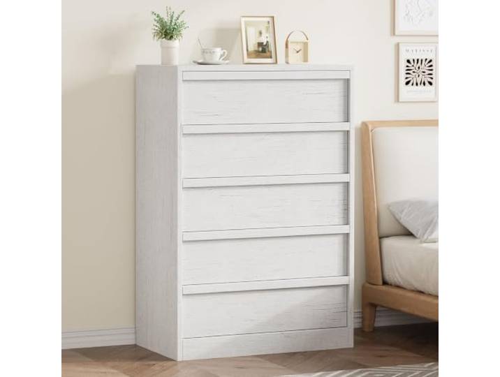 IDEALHOUSE Kommode 75x40x110cm Antikweiß 5 Schubladen Holz Wohnzimmer Schlafzimmer