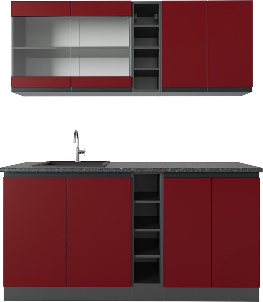 Vicco R-Line Eenpersoonskeuken met houten effect, Antraciet Rood/antraciet, Breedte: 160 cm