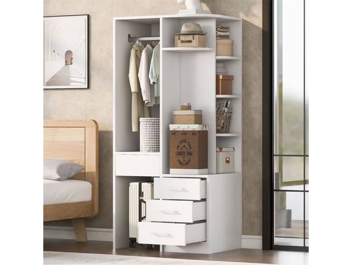 Armoire Penderie Ouverte 70x55x175 cm - armoire de chambre avec 3 Tiroirs et Étagères d'Angle - Blanc