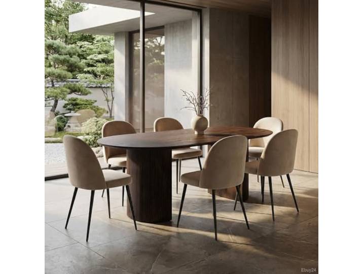 ebuy24 Essgruppe mit 6 Stühlen - Kyoto Skagen 210x100 cm Oberfläche Dunkelbraun Bezug Beige Samt rechteckig Design Wohnküche Esszimmer Sitzgruppe Essplatz Esszimmergruppe 6 Personen