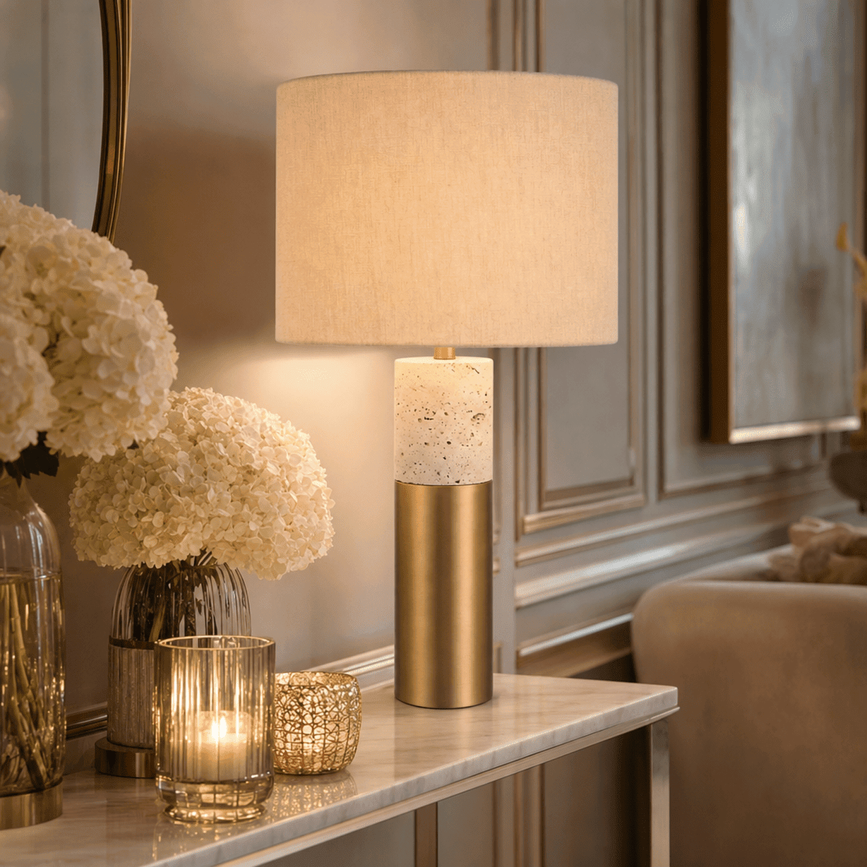 Panna Gold & Stone Table Lamp with Linen Shade