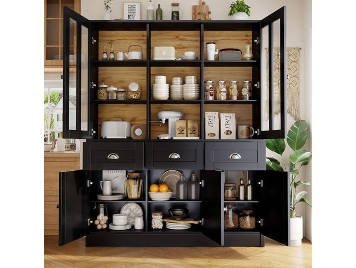 Vitrine buffet - SOGEU - 140x40x180 - MDF noir bicolore - Portes acryliques - Système anti-basculement