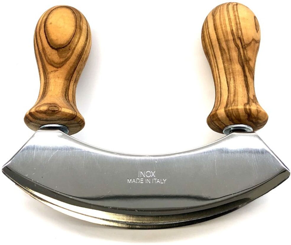 Wiegemesser OLIVENHOLZ-ERLEBEN "DESIGN mit gedrechselten Griffen aus Olivenholz", braun, Edelstahl, Kochmesser, Wiegemesser, Doppelklinge aus Edelstahl, gedrechselte Griffe, angenehme Haptik