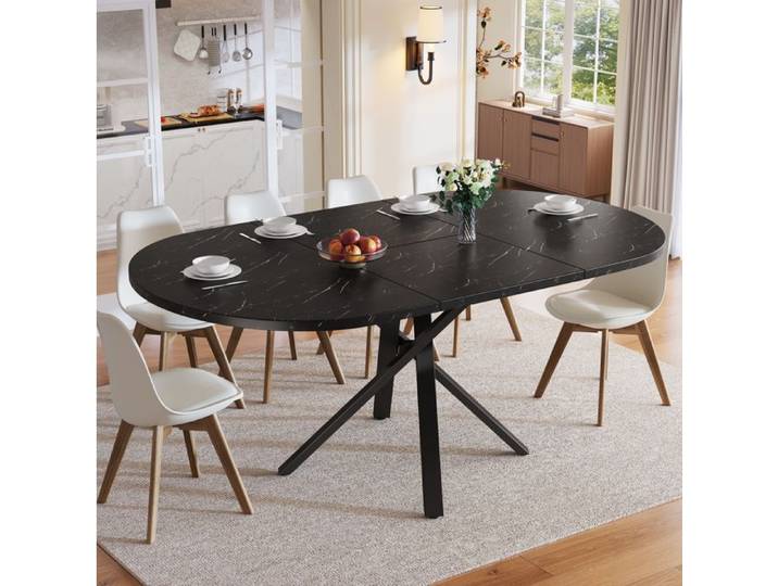 Table à manger extensible - SENVIRO - ronde effet marbre allure contemporaine 100 à 140x100x75cm noir