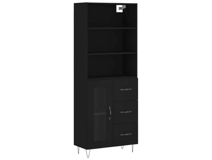 GHVBNMF Highboard Schwarz 69,5x34x180 cm Holzwerkstoff Schrank Eleganter Vitrinenschrank mit Glastür und robusten Eisenbeinen für Ordnung im Wohnzimmer.