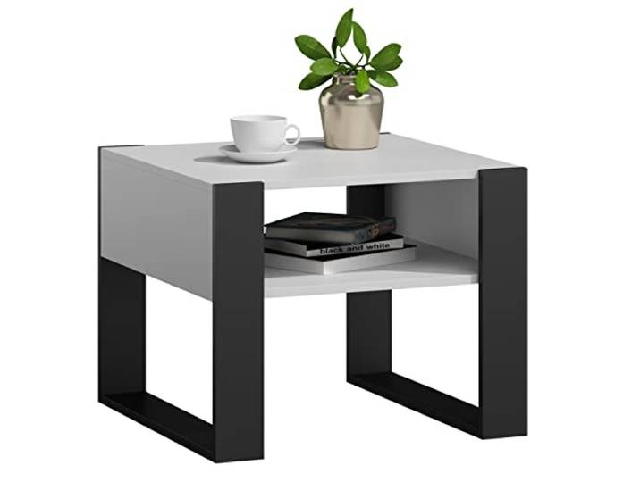 MATKAM Couchtisch KAJA H50 x B60 x T63,6 cm, offene Ablage unter der Tischplatte, Kufenbeine, Wohnzimmer Couchtisch Modern Wohnzimmertisch Universal (Weiß-Schwarz)
