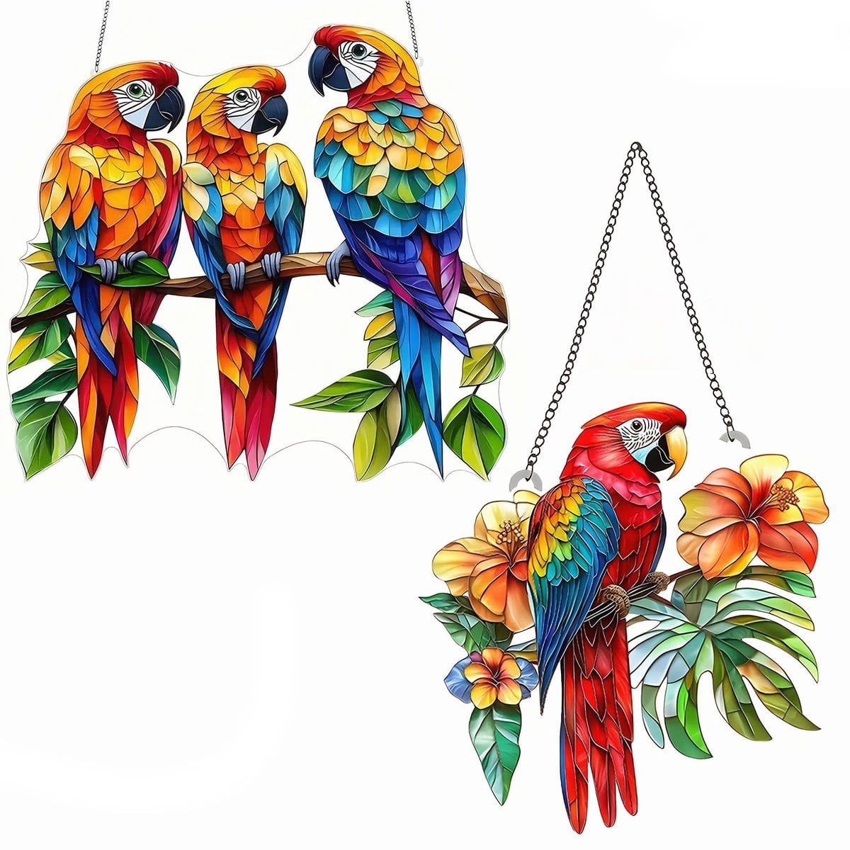 Dailygoods Vogel zonnevanger - Gebrandschilderd glas decoratie met kolibrie en papegaai - Acryl hanger voor raam of tuin