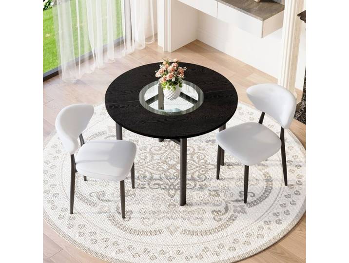 Ensemble Table Ronde Moderne Et Minimaliste : Table Ronde Noire (DiamèTre De 100 Cm) Avec 2 Chaises Blanches En Pu