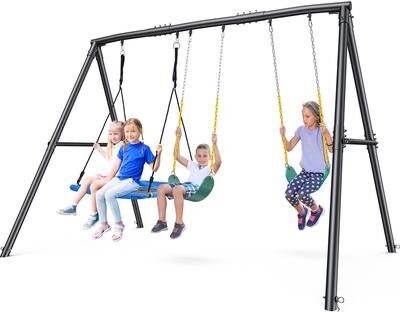 Klokick 7.3ft Tall 600lb Heavy Duty Swing Set with 1 Platform Swing, 2 Belt Swings,A Frame Metal Swing Set
