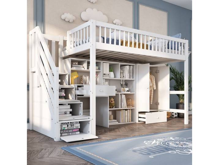 Lit enfant avec bureau et rangements 90x200 blanc EVRYAE