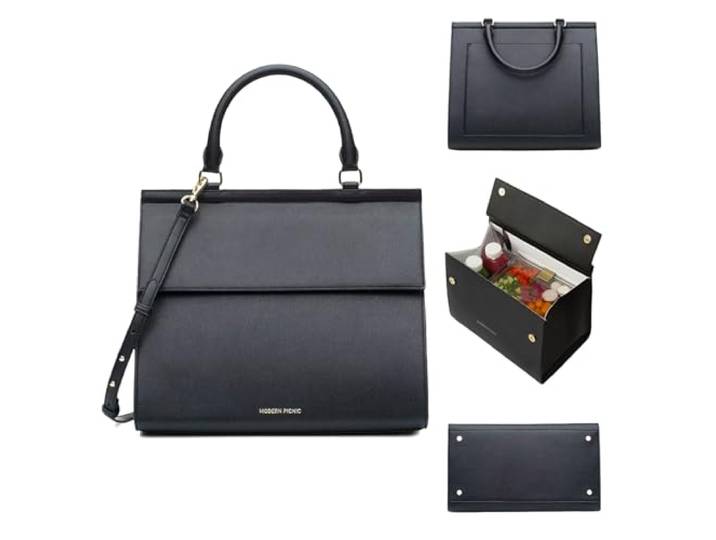 Modern Picnic Veganes Leder Lunchtasche für Damen, Kühltasche für Mädchen, leicht abwischbar, verstellbarer Schultergurt, Schwarz