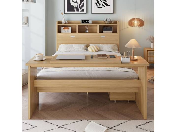 ROVRYN Lit combiné 140 x 200 cm bois naturel avec rangement tiroir réversible table rabattable et sommier