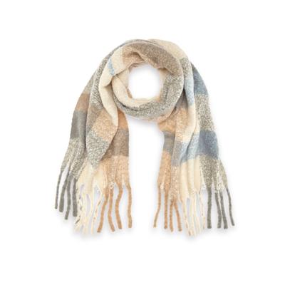 Schal LASCANA "Fransenschal, Winterschal, Damenschal, Modeschal, XXL-Schal", Damen, braun (beige, hellblau, ecru), Strick, Polyester, kariert, Modetücher Schal, aus kuscheligem, weichem Material