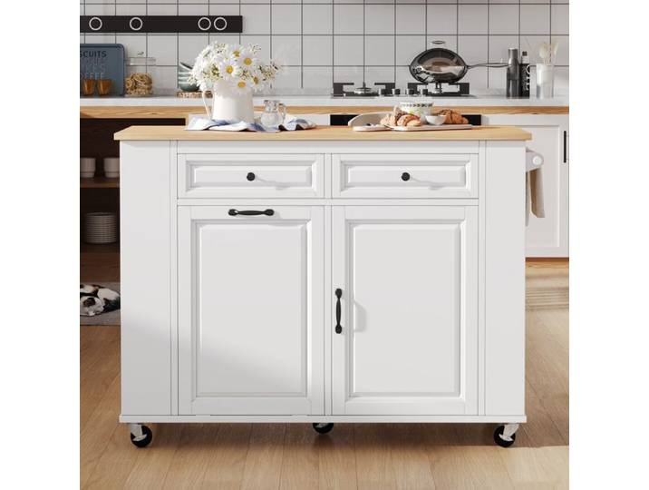 Îlot de cuisine sur roulettes avec poubelle porte-serviettes et prises électriques blanc et naturel