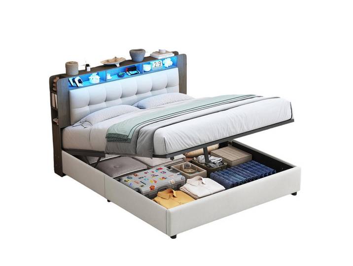 Shopentra Polsterbett 140x200cm creme kabellos laden led hydraulik stauraum, Beige, Metall, Schlafzimmer, Betten, Polsterbetten