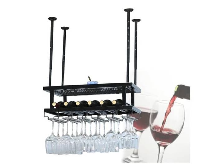 Metall Weinregal Hängende Weinglashalter - Weinflaschenhalter 60cm - 200cm Weinglashalter, Bronze Schwarz Höhenverstellbar Für Bar, Küche, Familie