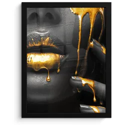 POSTER MIT RAHMEN Frau - Schwarz - Gold - Gesicht - Lippen Bilderrahmen 30x40 cm