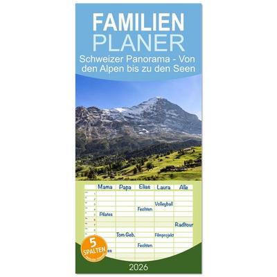 Familienplaner 2026 - Schweizer Panorama - Von den Alpen bis zu den Seen mit 5 Spalten (Wandkalender, 21 x 45 cm) CALVENDO