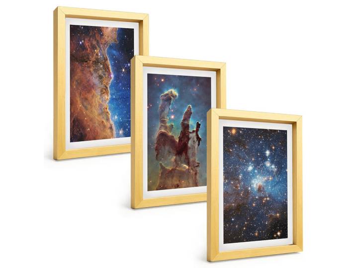 Tulup Bilder SET 3er Set - 20x30 cm Goldrahmen - Weltraumlandschaften von Galaxien, Goldfarben, Kunststoff, Rechteckig, 20x30 cm, Fotografie, Bilder & Rahmen, Bilder