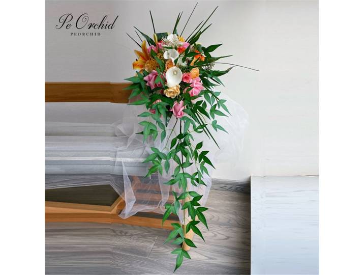 PEORCHID-Bouquet de Fleurs de Mariée Rose Orange, Vrai Toucher, en Cascada