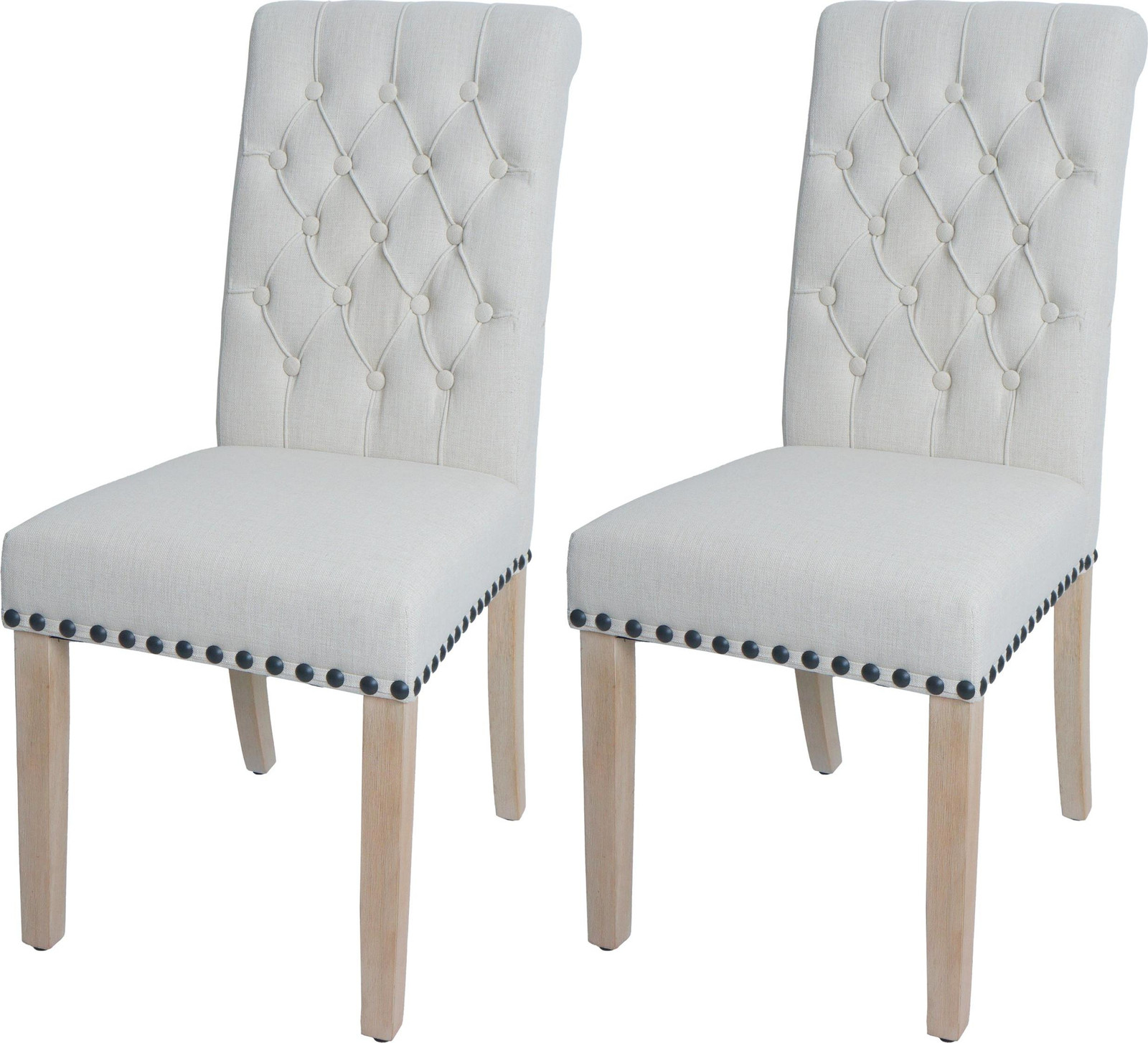 Set van 2 Mendler eetkamerstoelen HWC-O66 in Chesterfield-stijl met knopen, wit textiel