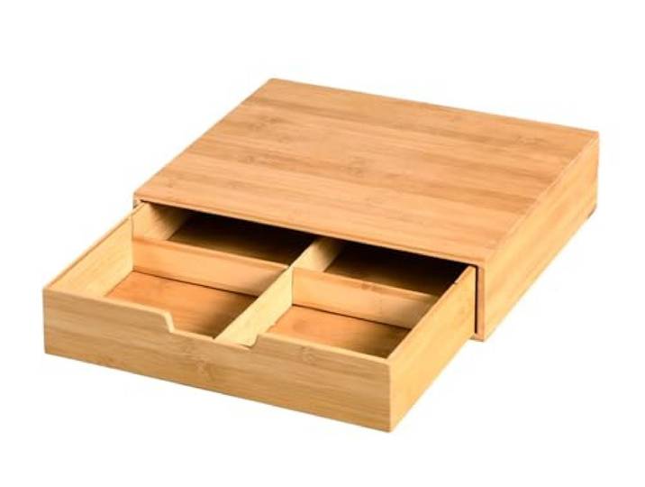 KESPER Tee- und Kaffeekapsel-Organizer aus Bambus, mit Schublade, 34 x 31 x 8 cm – Platzsparend & elegant, 58952, Natur Hell