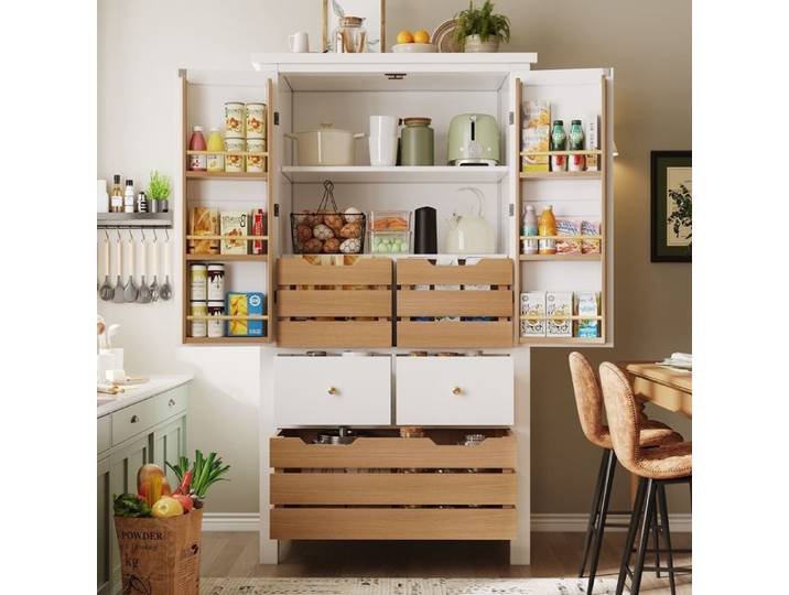 Armoire de cuisine (80x40x140cm) - grand buffet de cuisine - polyvalent - meuble de rangement à deux portes et cinq tiroirs -blanc