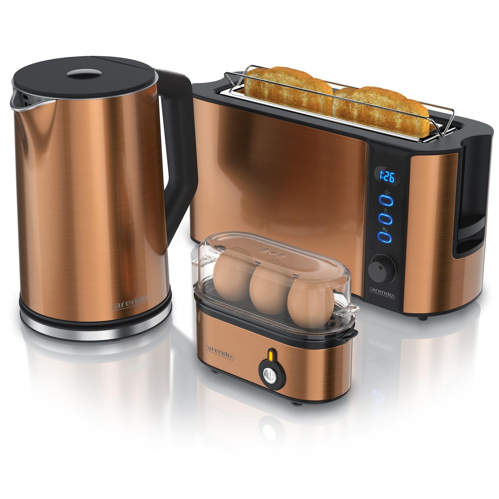 Arendo Frühstücksset, Wasserkocher 1,5l, 2-Scheiben Toaster Langschlitz, 3er Eierkocher, Kupfer
