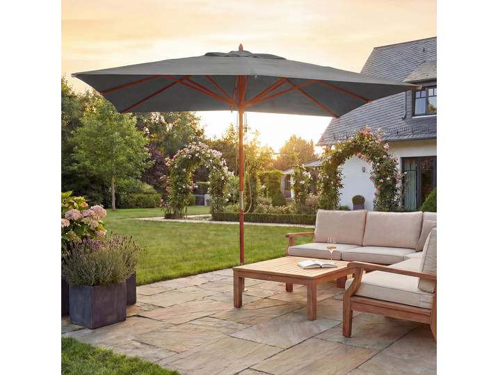 Gastronomie Holz-Sonnenschirm HWC-C57, Gartenschirm, Polyester/Holz 14kg, eckig 3x3m Seilzug stoßsicher anthrazit