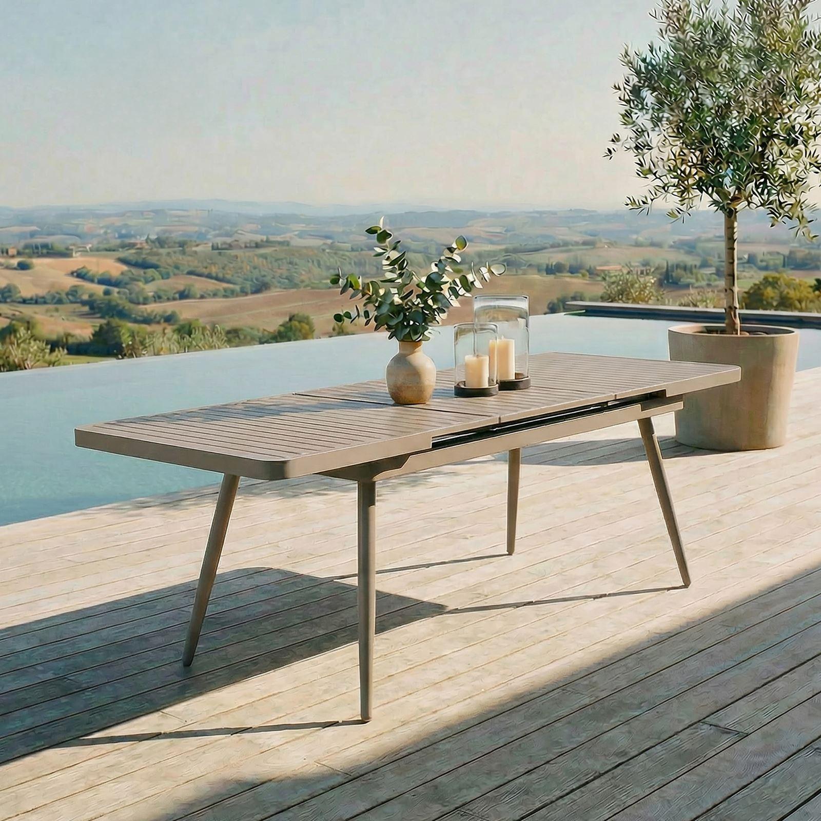 Gartentisch SUNNY ausziehbar 180-240 cm, Champagner - großer Tisch mit integrierter Verlängerungsplatte aus pulverbeschichtetem Aluminium UV-beständig pflegeleicht für Terrasse Balkon Garten