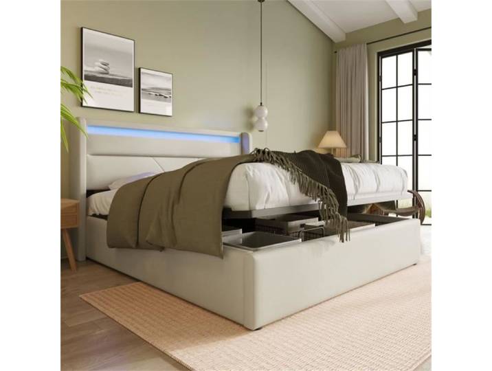 DRIPEX Hydraulique Lit de rangement 140x200cm avec barre d'éclairage LED Lit double adult avec tissu PU Coffre lit rangement Blanc