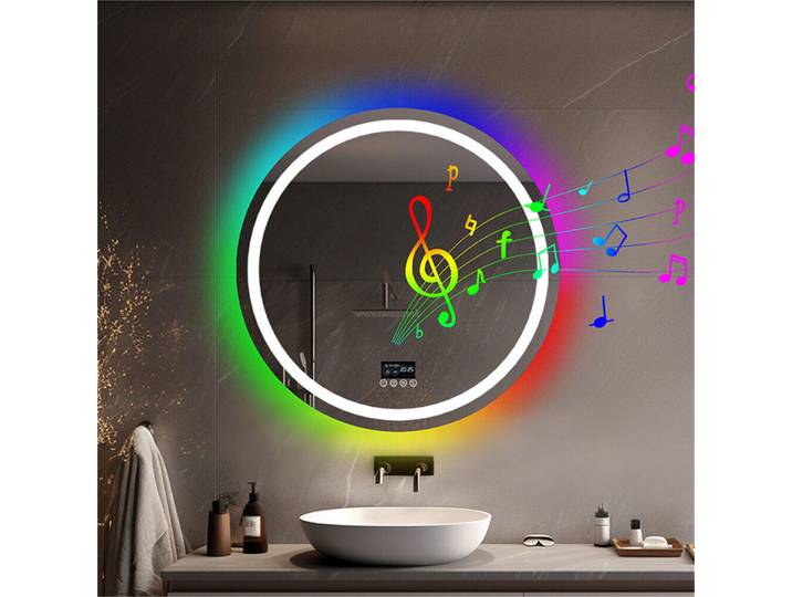 HOMirror-Miroir mural rond à LED, haut-parleur Bluetooth anti-buée, rétroéclairage RVB, mémoire de luminosité, 800x800mm