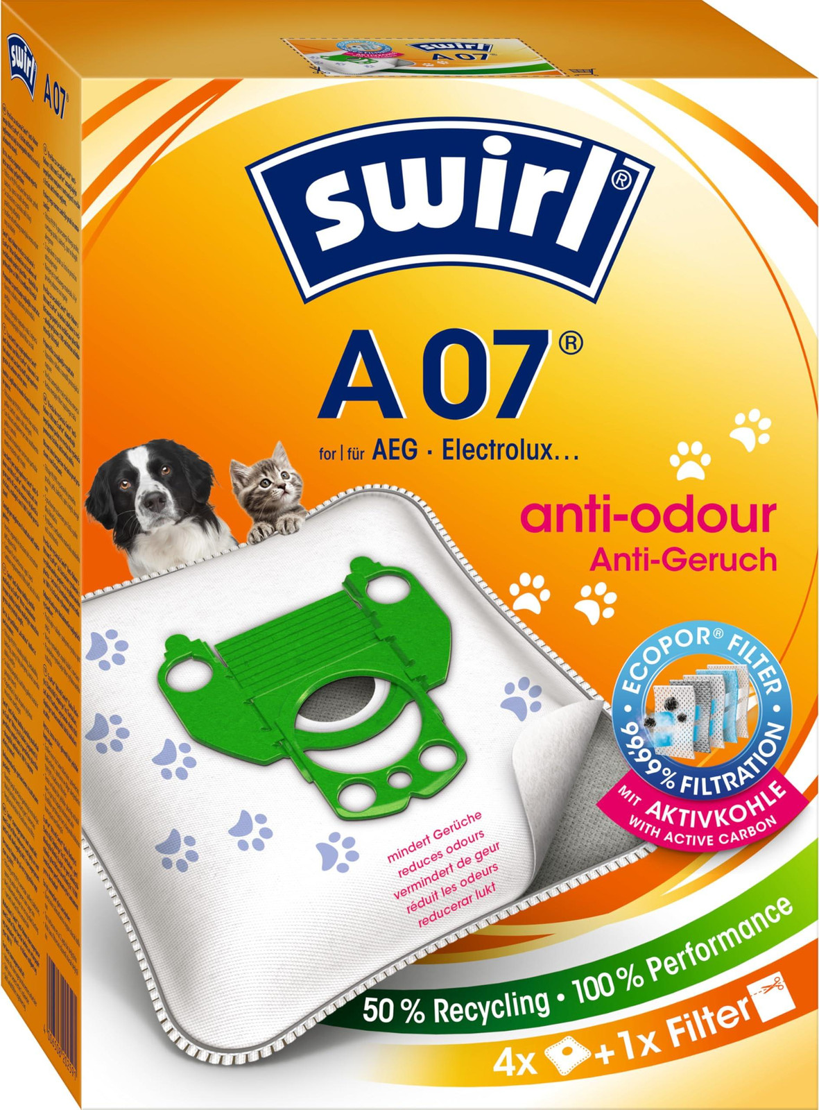 Swirl stofzuigerzakken A 07 NeutralizAir, 4 stuks met 1 filter