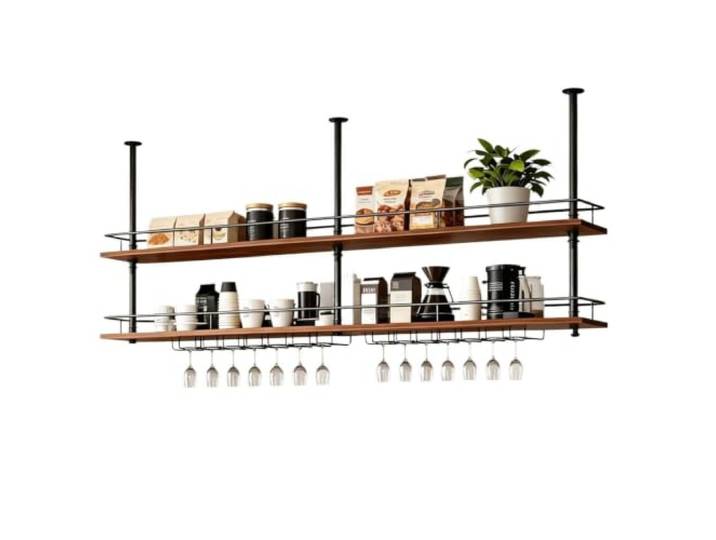 Industrieller hängender Weinflaschenhalter für Stielgläser an der Decke Hängende Bardekorationsregale mit Glashalter und Holztrennwand(80x30x80cm)