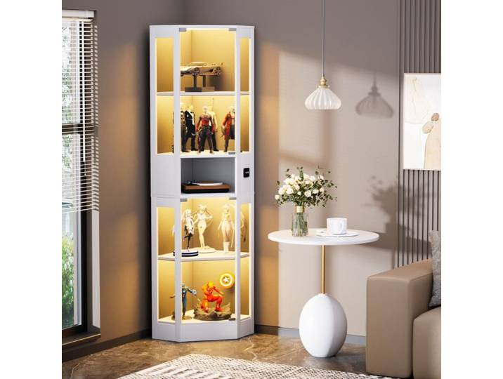Vitrine avec LED 5 niveaux meuble vitrine blanc en verre avec rangement et capteur intelligent 57x40x165 cm pour salon et bureau