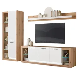 WOHNWAND weiß matt, Evoke Eiche, Wohnkombination Set 3-teilig 298 cm