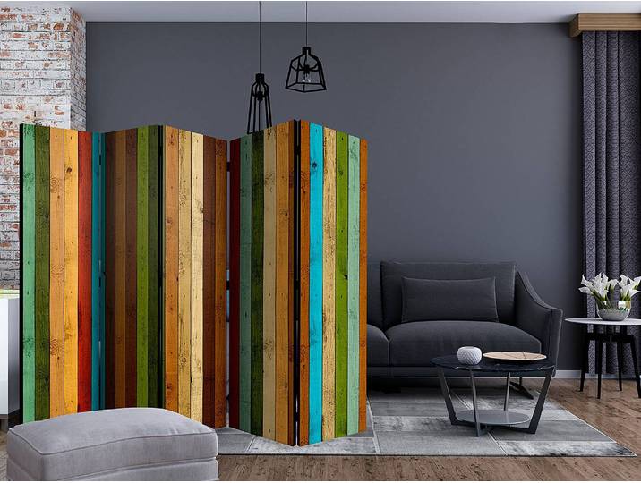 Paravent Wooden Rainbow acoustique Intissé sur bois massif Multicolore 225 x 172cm