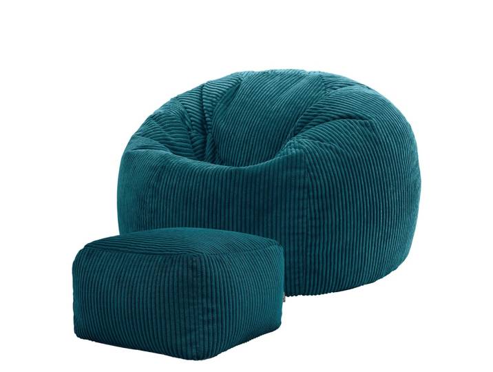 Pouf avec repose-pied carré velours côtelé bleu canard