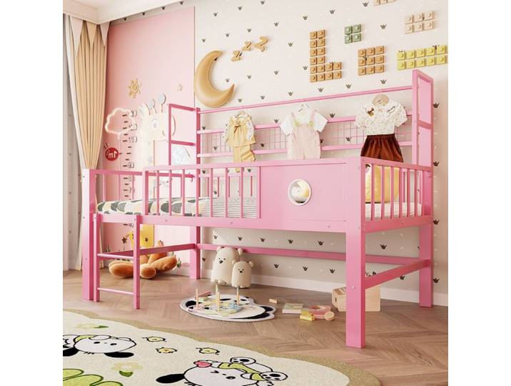 Lit superposé - 90x200 métal - Rose - Rangement intégré sous-lit - Barreaux de sécurité