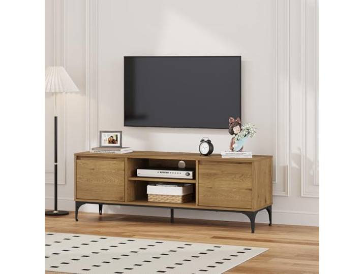 [en.casa] TV Schrank Kistiandi Lowboard mit 2 Türen und 2 offenen Fächern Fernsehschrank 140 x 40 x 50 cm TV Board TV Kommode Fernsehtisch Metallgestell Eicheoptik, dunkel