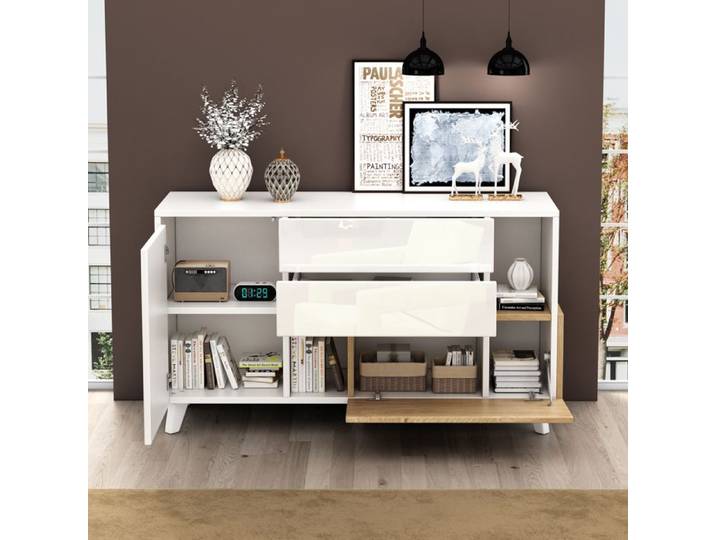 Feuille épaissie Buffet blanc brillant couleur bois d'origine avec espace de rangement buffet de salle à manger avec espace de ra