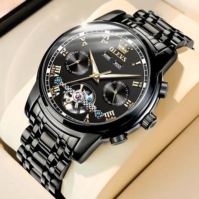 Uplifted Finds OLEVS Mens Automatic Mechanical Skeleton Business Watch Waterproof Stainless Steel Strap all Black Face