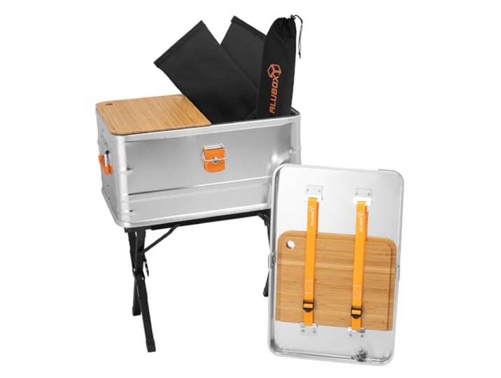 Alubox® Campingbox 47 Liter - Aluminium Kitchenbox Campingküche - leichte tragbare Küchenbox 59,5 x 39 x 29 cm für PKW/Auto Kofferraum inklusive 2 Schneidebretter + robusten Klappständer