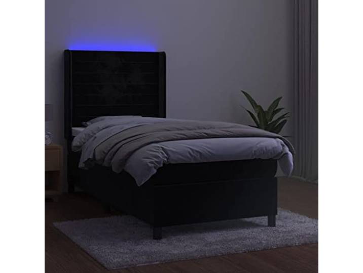 KTHLBRH Boxspringbett mit Matratze und LED, schwarz, 80 x 200 cm, aus Samt Verstellbares Kopfteil, bunte LED-Leuchten, inklusive Matratzenschoner, Taschenfedern