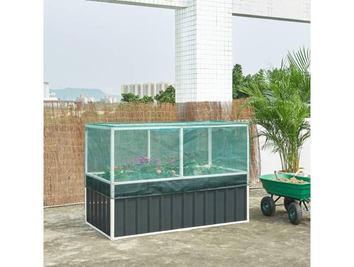 [en.casa] Hochbeet Alblasserdam Blumenbeet mit Abdeckung 174 x 90 x 118 cm Gartenbeet mit Netz Handschuhe Gewächshaus für Garten Metall Kräuterbeet Anthrazit